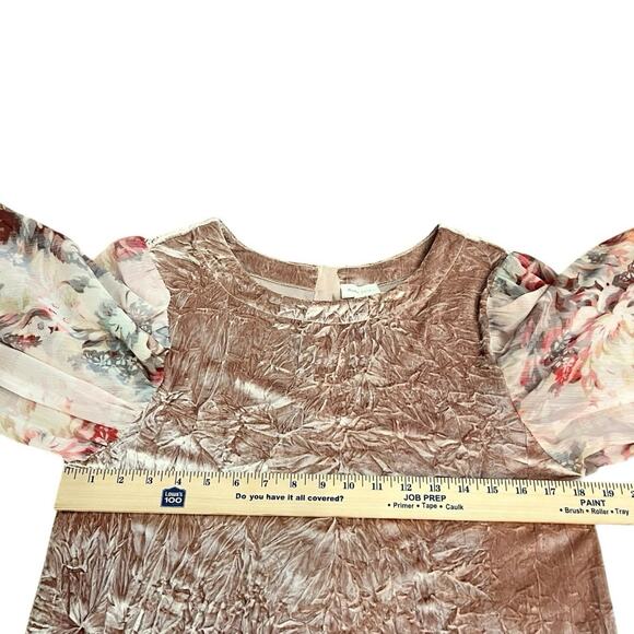 Anthropologie Meadow Rue Crushed Velvet Blouse Small Floral Balloon Sleeve Pink - Picture 7 of 10